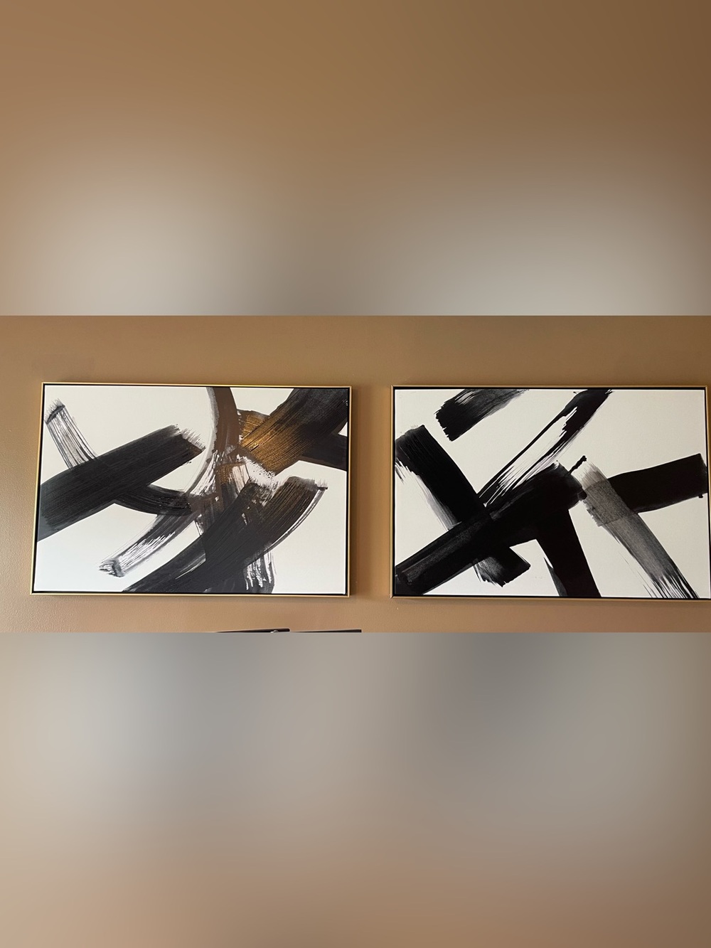 Set of 2 Large Abstract Canvas Wall Art Black, Gold & White